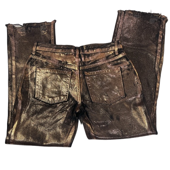 Maggie mid-rise destroyed raw crop hem shiny Fall Metal copper button fly jean - Picture 6 of 15